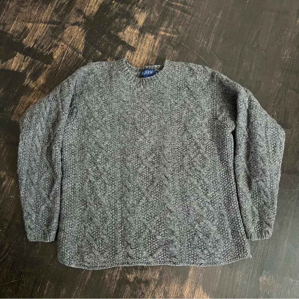 Men’s Vintage 100% Wool J. Crew Charcoal Gray Cable Knit Crewneck Sweater S